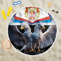 Round beach blanket with double-headed eagle and Serbia shield centerpiece, white fringe