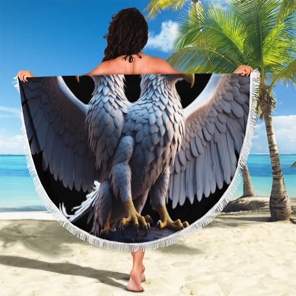 Round beach blanket with double-headed eagle wings spread and Serbia shield, white fringe