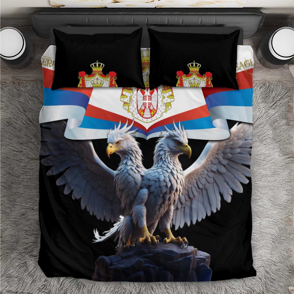 Black double-headed eagle bedding set with crest and flag-striped shield, 2 pillowcases
