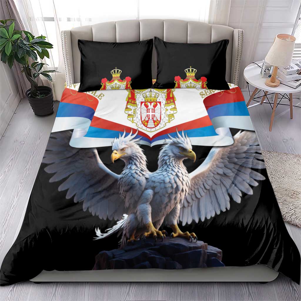 Black bedding set with double-headed eagle print, shield banner, and 2 matching pillowcases