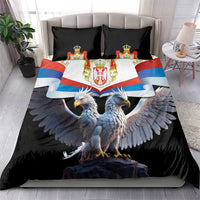 Black bedding set with double-headed eagle print, shield banner, and 2 matching pillowcases