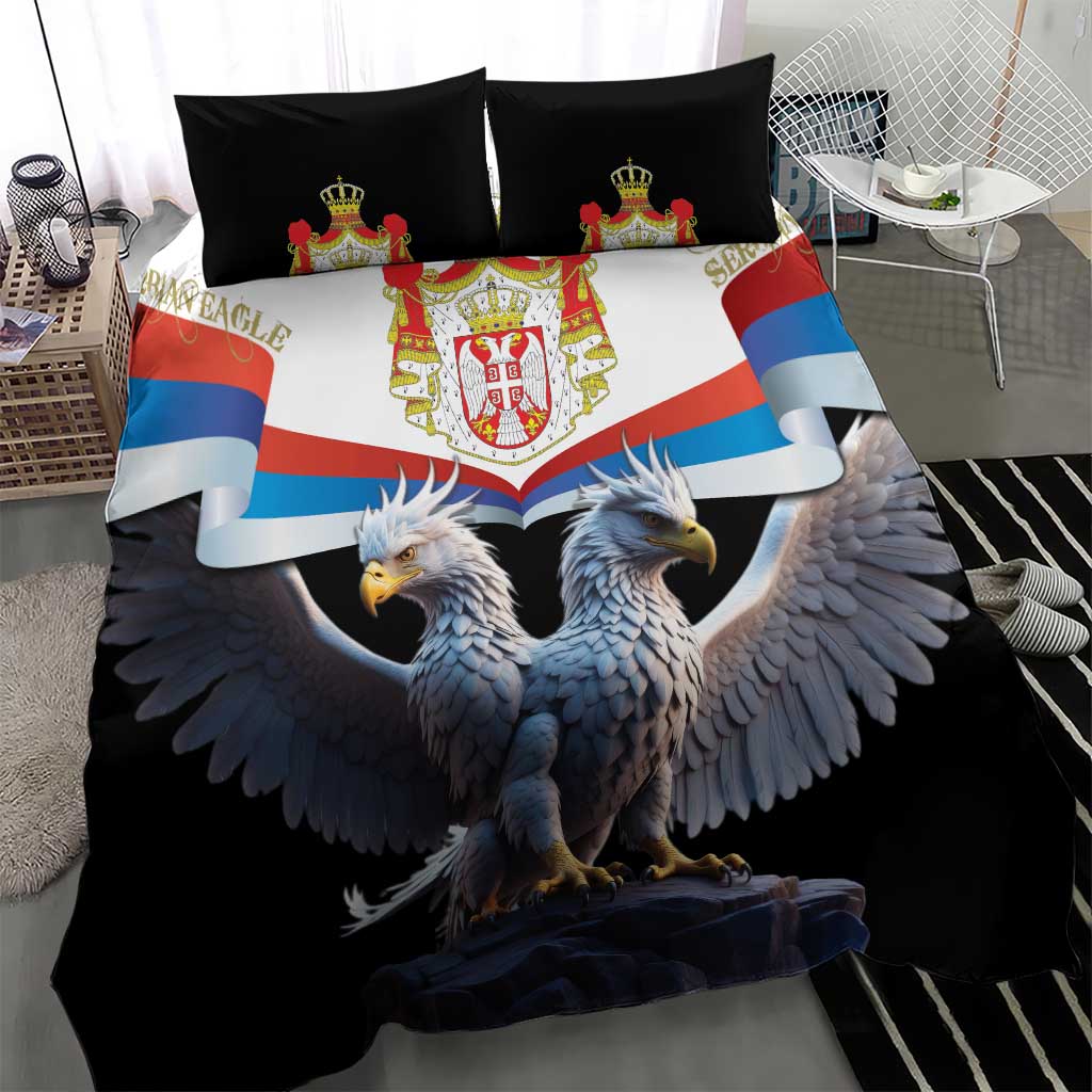 Black duvet and pillowcases with double-headed eagle, crest, and flag-striped banner