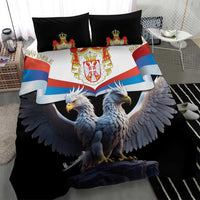 Black duvet and pillowcases with double-headed eagle, crest, and flag-striped banner