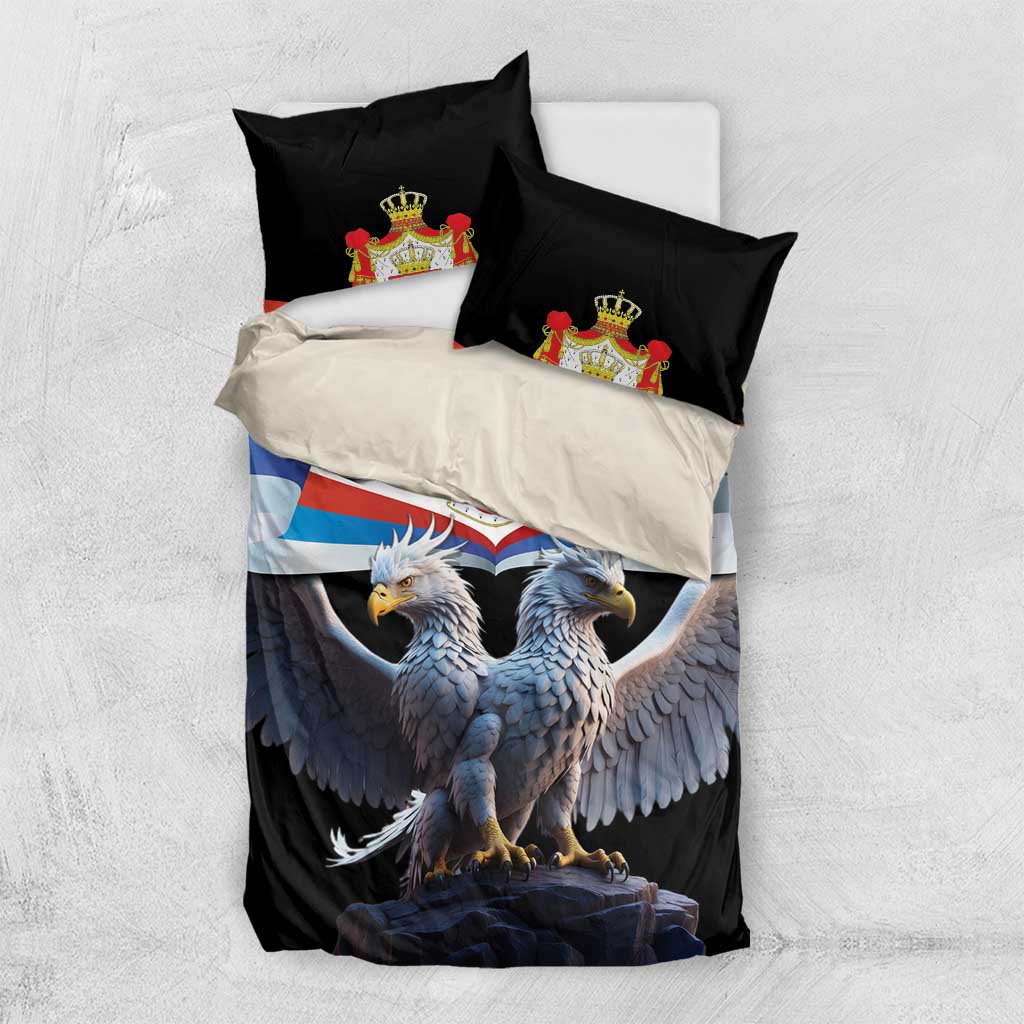 Black duvet and pillowcases featuring double-headed eagle, crest emblem, and flag stripes