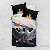 Black duvet and pillowcases featuring double-headed eagle, crest emblem, and flag stripes