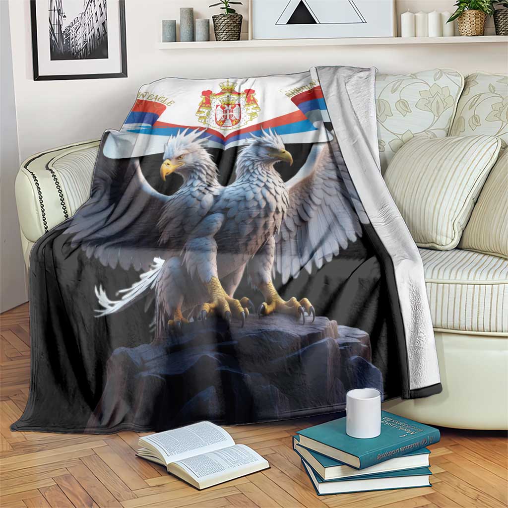 Black blanket with double-headed eagle and Serbia crest over dark, rocky scene print