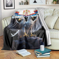 Black blanket with double-headed eagle and Serbia crest over dark, rocky scene print
