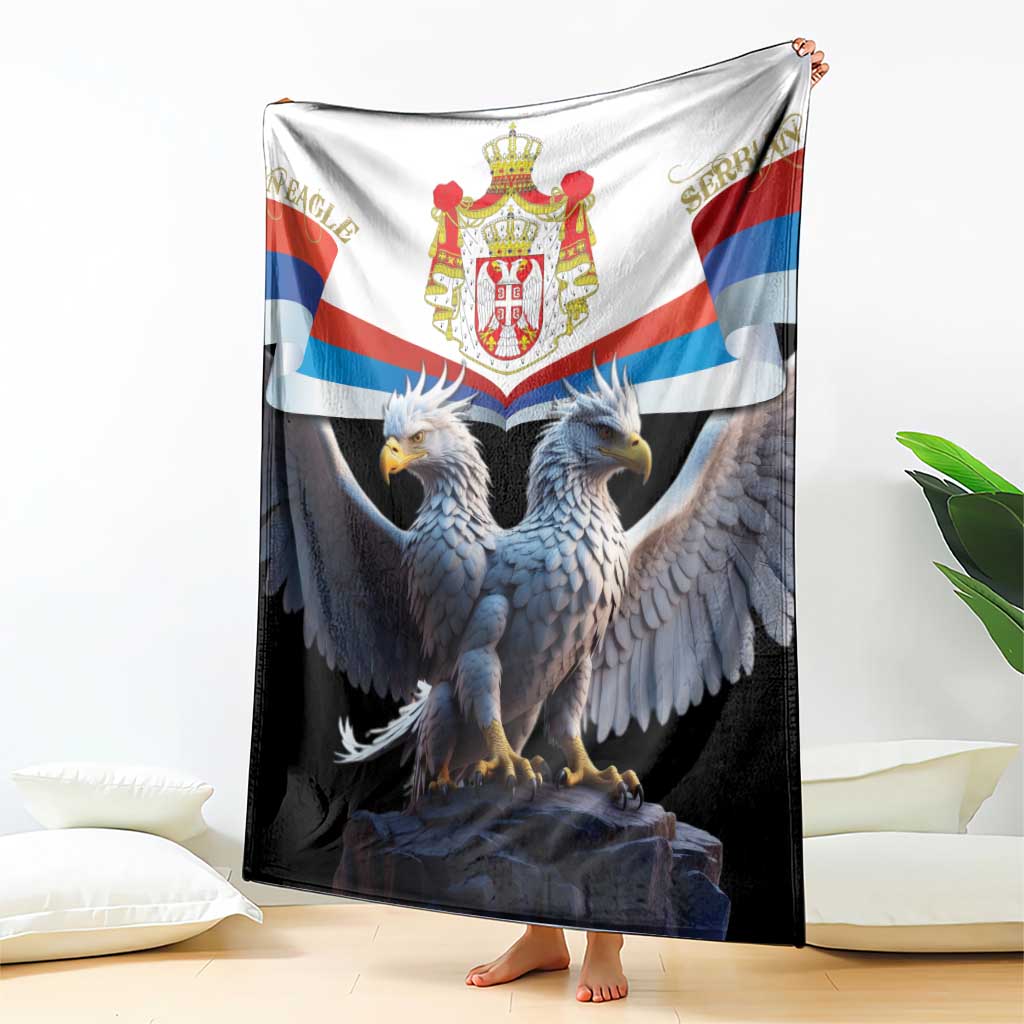 Black blanket with Serbia crest and double-headed eagle, tricolor flags at sides