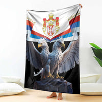 Black blanket with Serbia crest and double-headed eagle, tricolor flags at sides