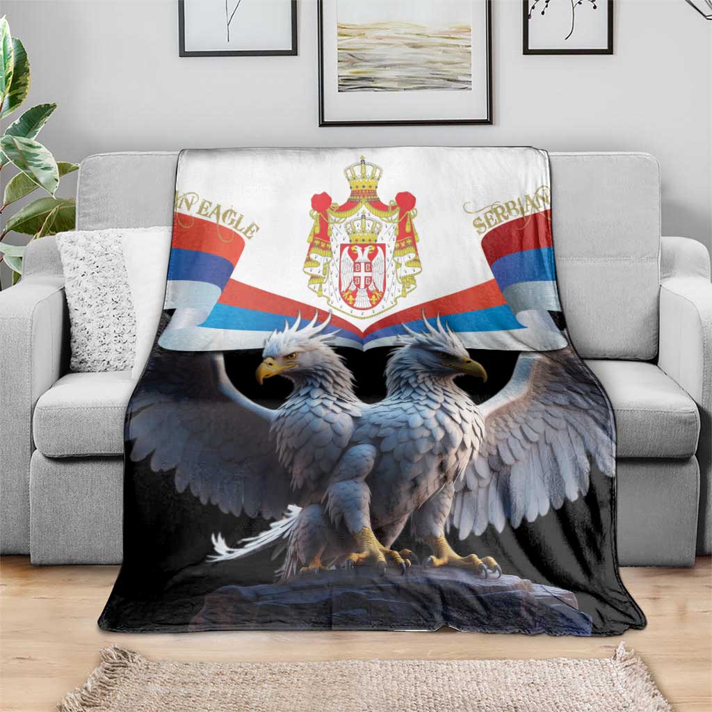 Black blanket with double-headed eagle and Serbia crest, blue and red tricolor accents