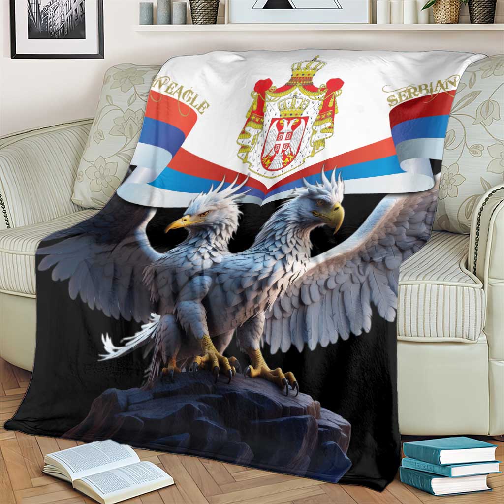 Black Serbia blanket with double-headed eagle, crest, and tricolor banner across top