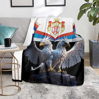 Black blanket with Serbia crest, double-headed eagle graphic in blue, white, and red