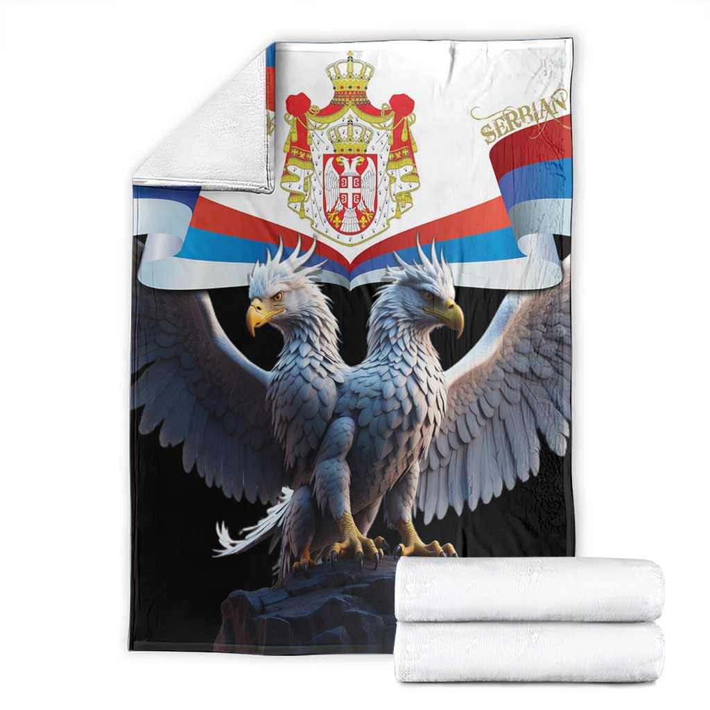Black Serbia blanket showing double-headed eagle and crest with red, white, and blue bands