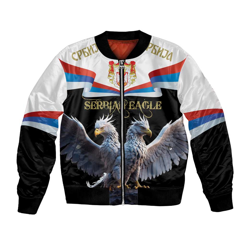 Unisex bomber jacket with black sleeves, white front, Serbian flag stripes, double-headed eagle graphic