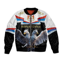Unisex bomber jacket with black sleeves, white front, Serbian flag stripes, double-headed eagle graphic
