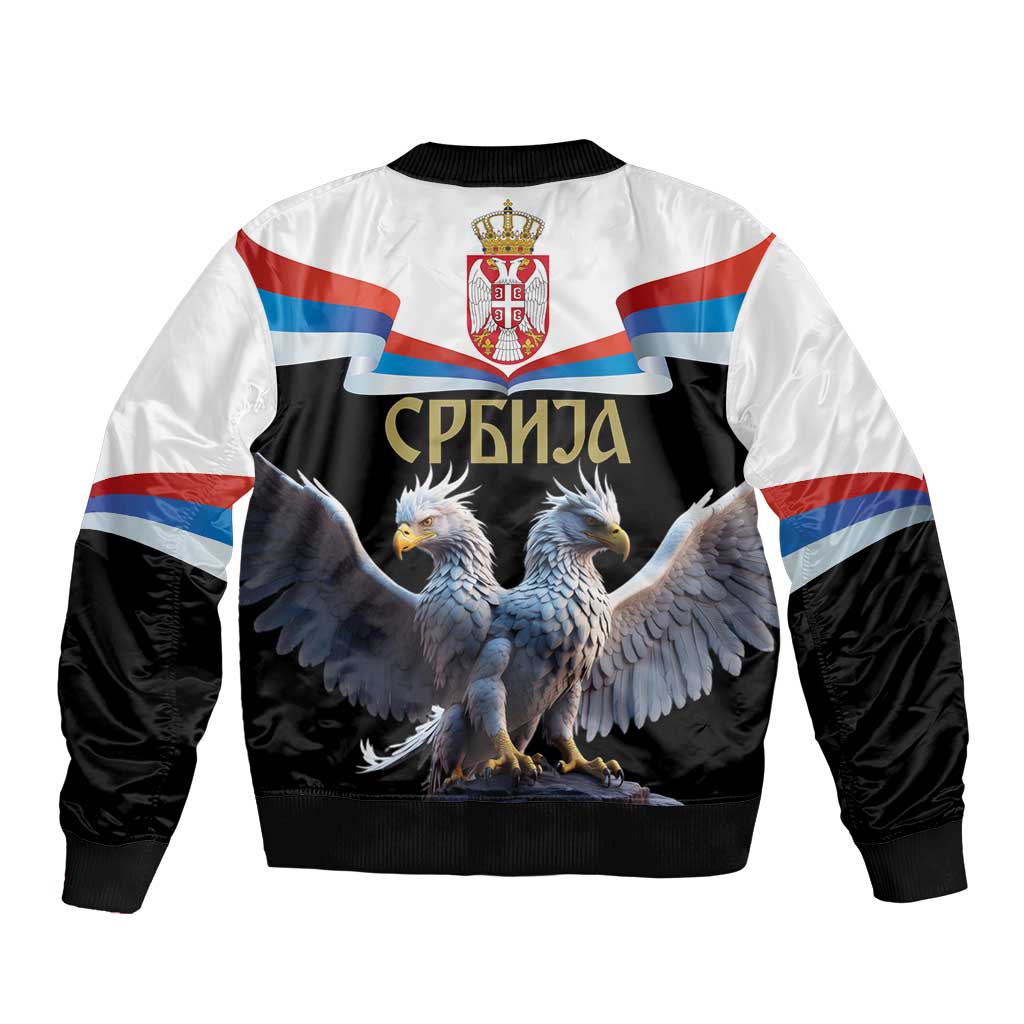 Unisex bomber jacket with black sleeves, white back, Serbian flag stripes, eagle wings crest
