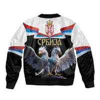 Unisex bomber jacket with black sleeves, white back, Serbian flag stripes, eagle wings crest