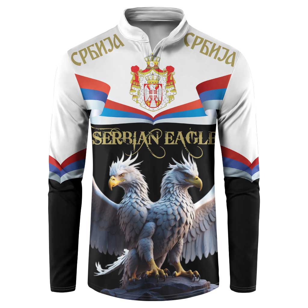 White and black zip-up sweatshirt with Serbia coat of arms and double-headed eagle graphic