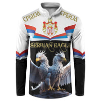 White and black zip-up sweatshirt with Serbia coat of arms and double-headed eagle graphic