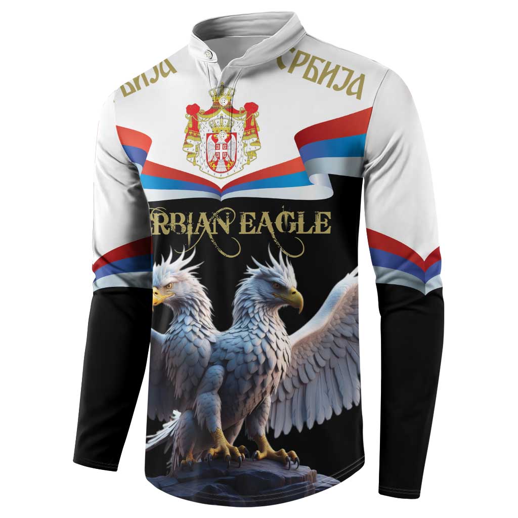 White and black zip-up sweatshirt with Serbia coat of arms and double-headed eagle graphic