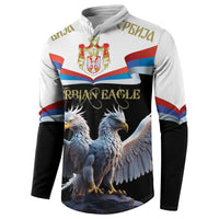 White and black zip-up sweatshirt with Serbia coat of arms and double-headed eagle graphic