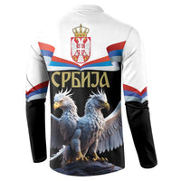 White and black zip-up sweatshirt with Serbia coat of arms and double-headed eagle graphic, back