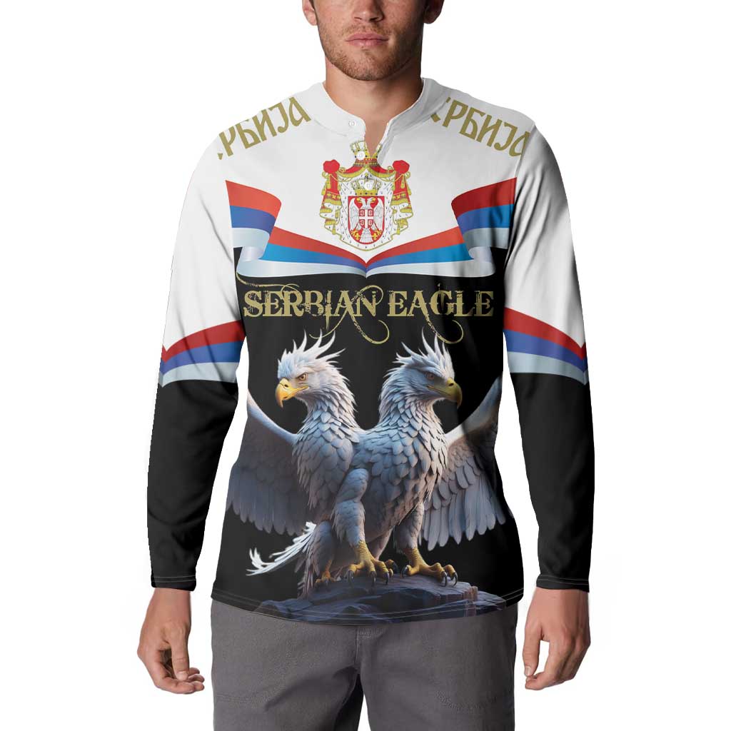 White and black zip-up sweatshirt with Serbia coat of arms and double-headed eagle graphic, worn