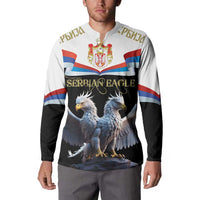 White and black zip-up sweatshirt with Serbia coat of arms and double-headed eagle graphic, worn