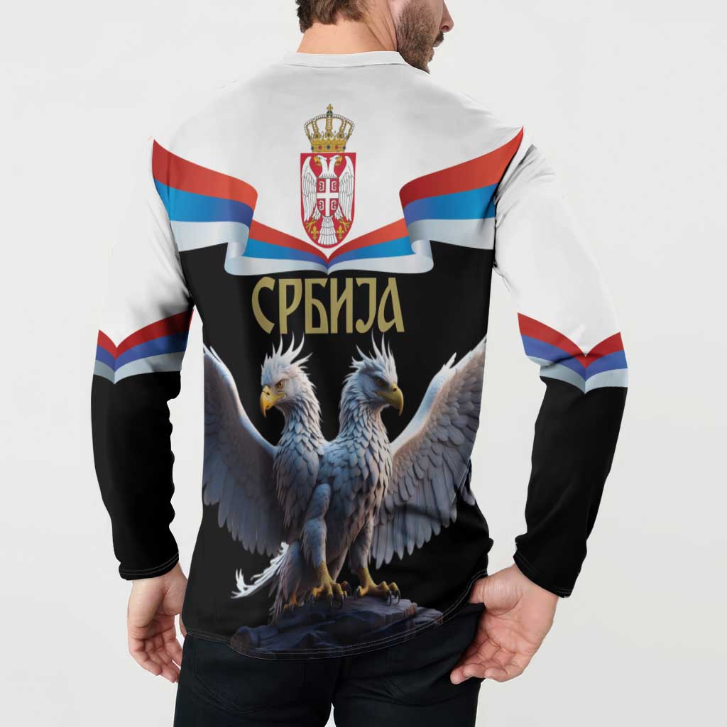 White and black zip-up sweatshirt with Serbia coat of arms and double-headed eagle graphic, back view