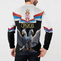 White and black zip-up sweatshirt with Serbia coat of arms and double-headed eagle graphic, back view