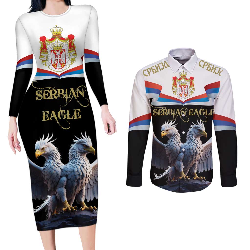 Serbia Silver Double-headed Eagle Couples Matching Long Sleeve Bodycon Dress and Long Sleeve Button Shirt LT9 - Wonder Print Shop