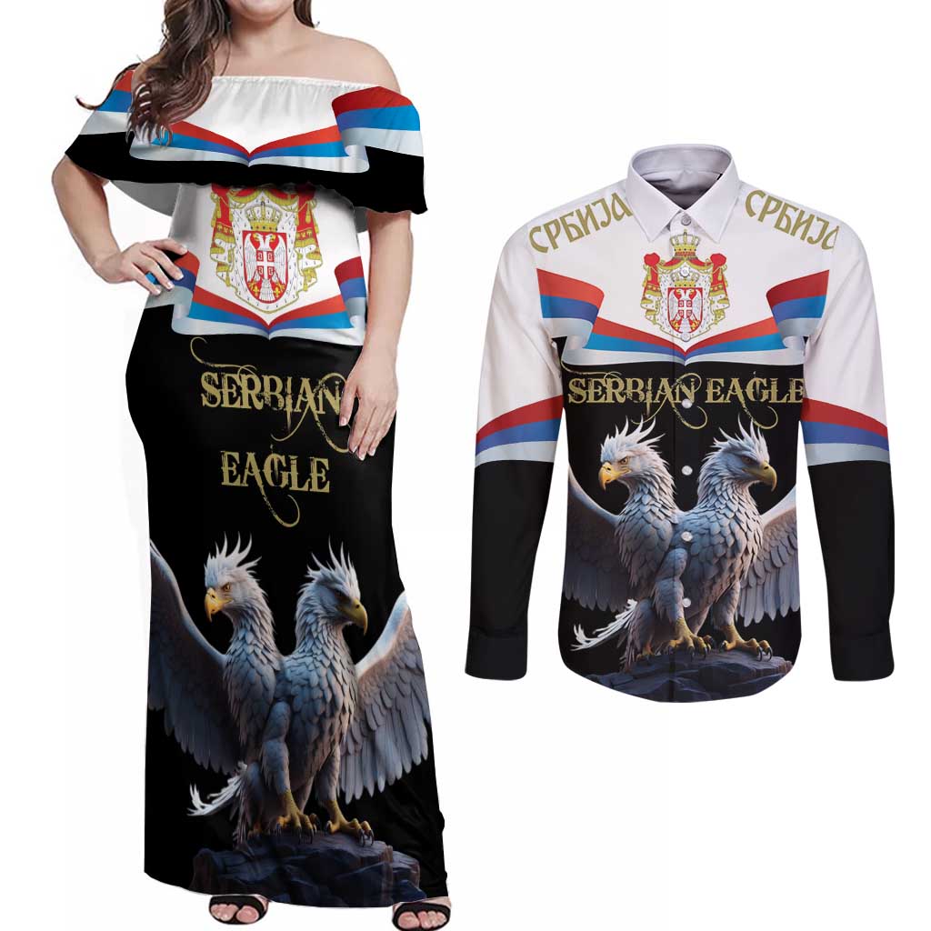 Serbia Silver Double-headed Eagle Couples Matching Off Shoulder Maxi Dress and Long Sleeve Button Shirt LT9 - Wonder Print Shop