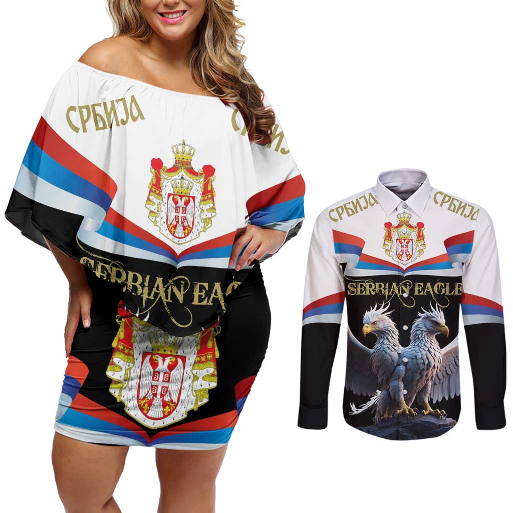 Serbia Silver Double-headed Eagle Couples Matching Off Shoulder Short Dress and Long Sleeve Button Shirt LT9 - Wonder Print Shop