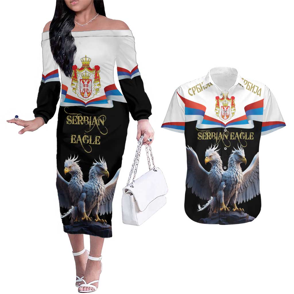 Serbia Silver Double-headed Eagle Couples Matching Off The Shoulder Long Sleeve Dress and Hawaiian Shirt LT9 - Wonder Print Shop