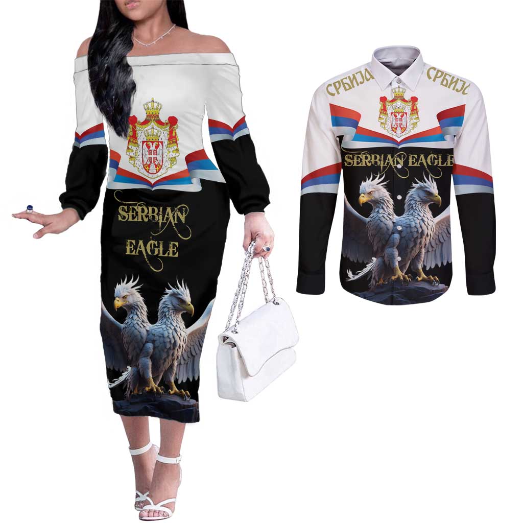 Serbia Silver Double-headed Eagle Couples Matching Off The Shoulder Long Sleeve Dress and Long Sleeve Button Shirt