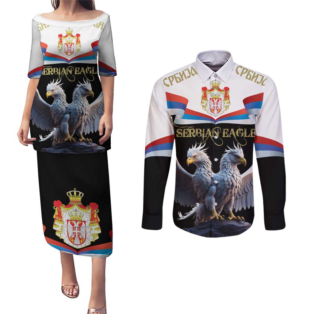 Serbia Silver Double-headed Eagle Couples Matching Puletasi and Long Sleeve Button Shirt LT9 - Wonder Print Shop