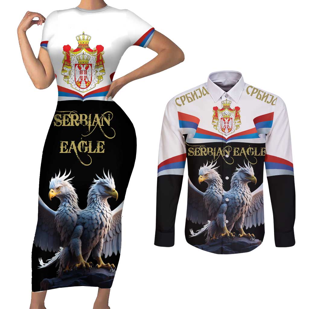 Serbia Silver Double-headed Eagle Couples Matching Short Sleeve Bodycon Dress and Long Sleeve Button Shirt LT9 - Wonder Print Shop