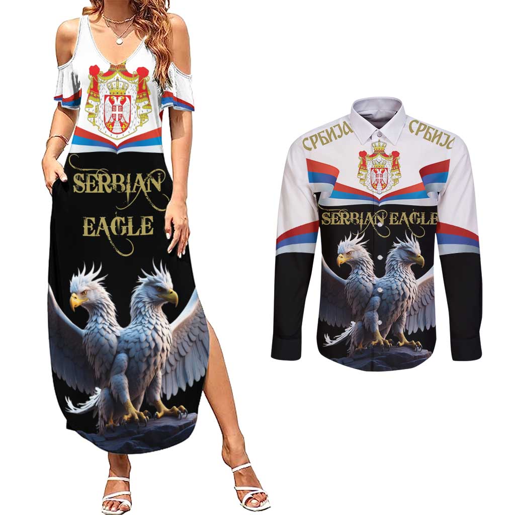 Serbia Silver Double-headed Eagle Couples Matching Summer Maxi Dress and Long Sleeve Button Shirt LT9 - Wonder Print Shop