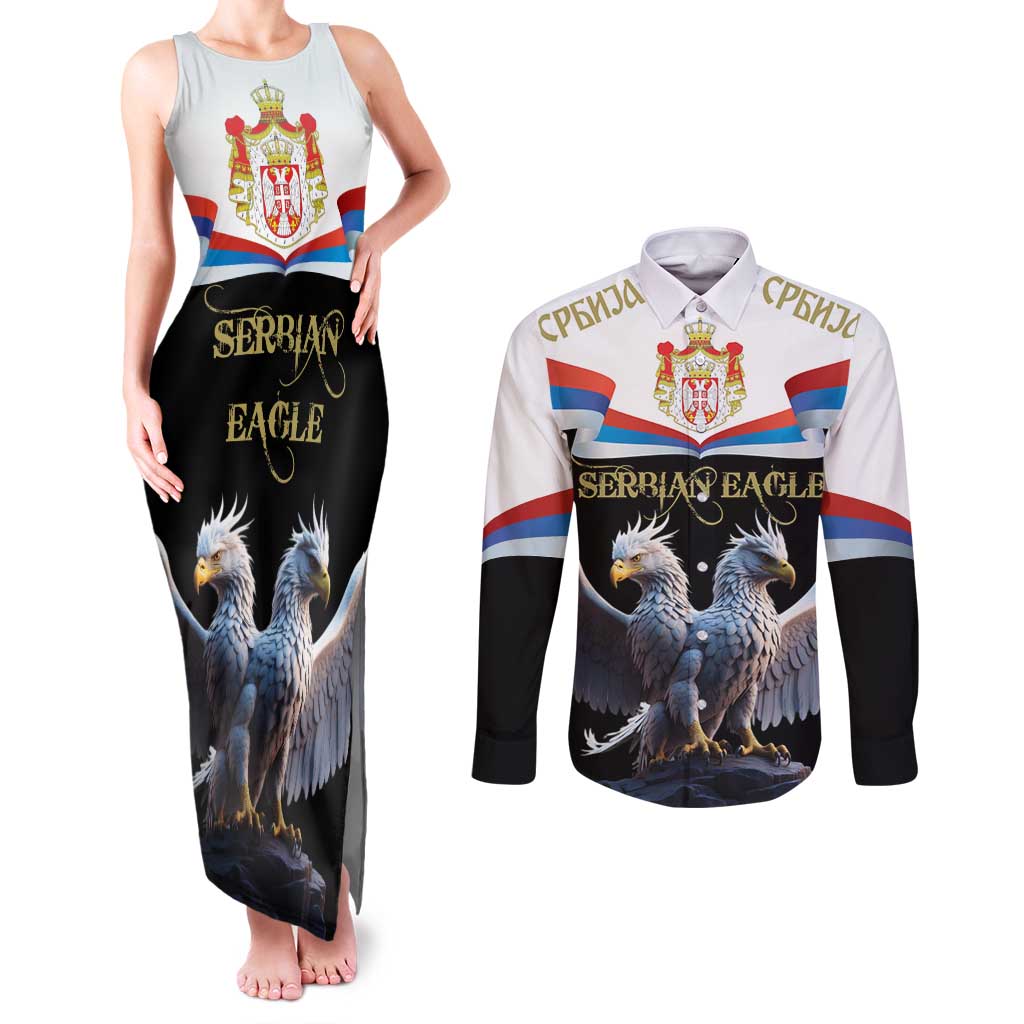 Serbia Silver Double-headed Eagle Couples Matching Tank Maxi Dress and Long Sleeve Button Shirt LT9 - Wonder Print Shop