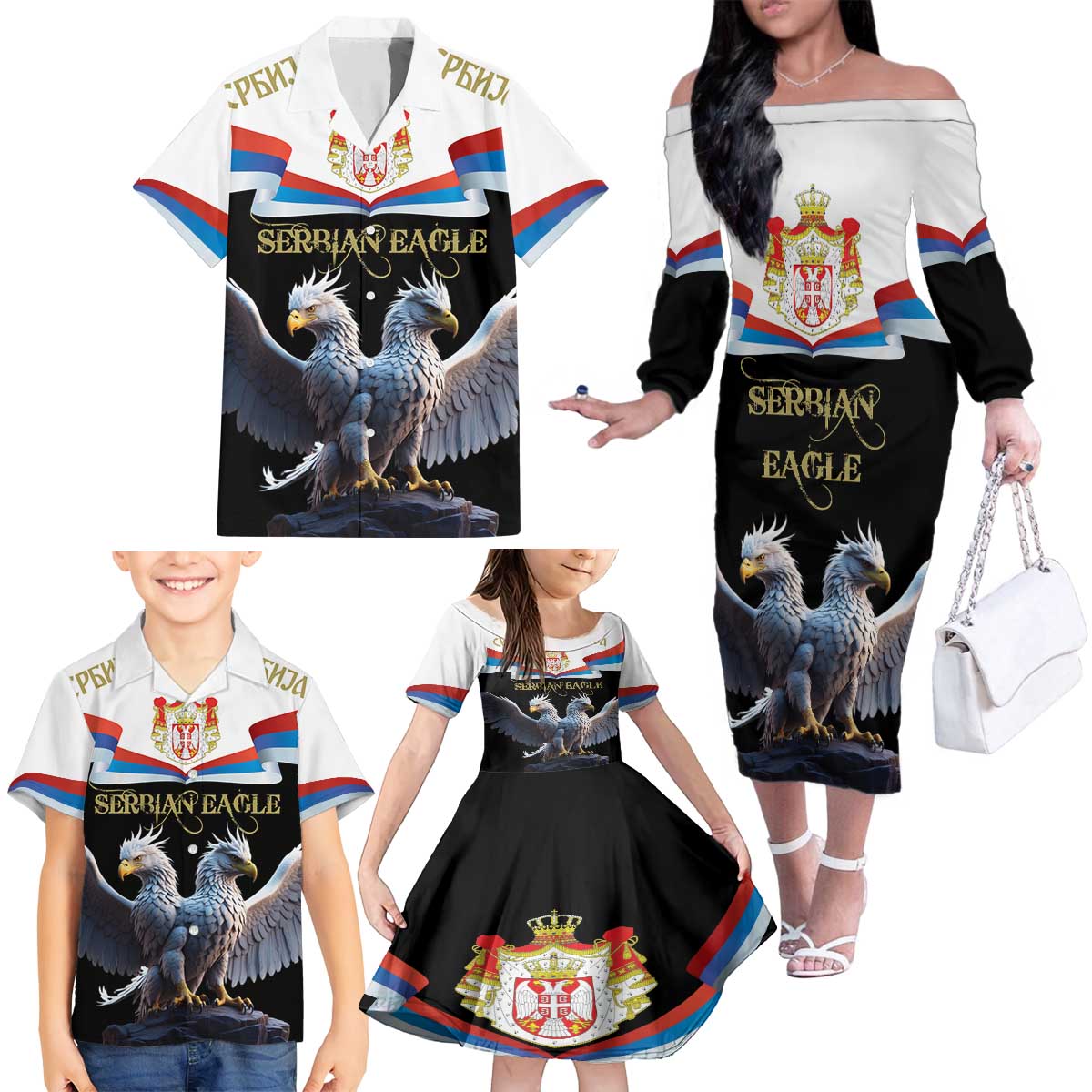 Serbia Silver Double-headed Eagle Family Matching Off The Shoulder Long Sleeve Dress and Hawaiian Shirt - Wonder Print Shop