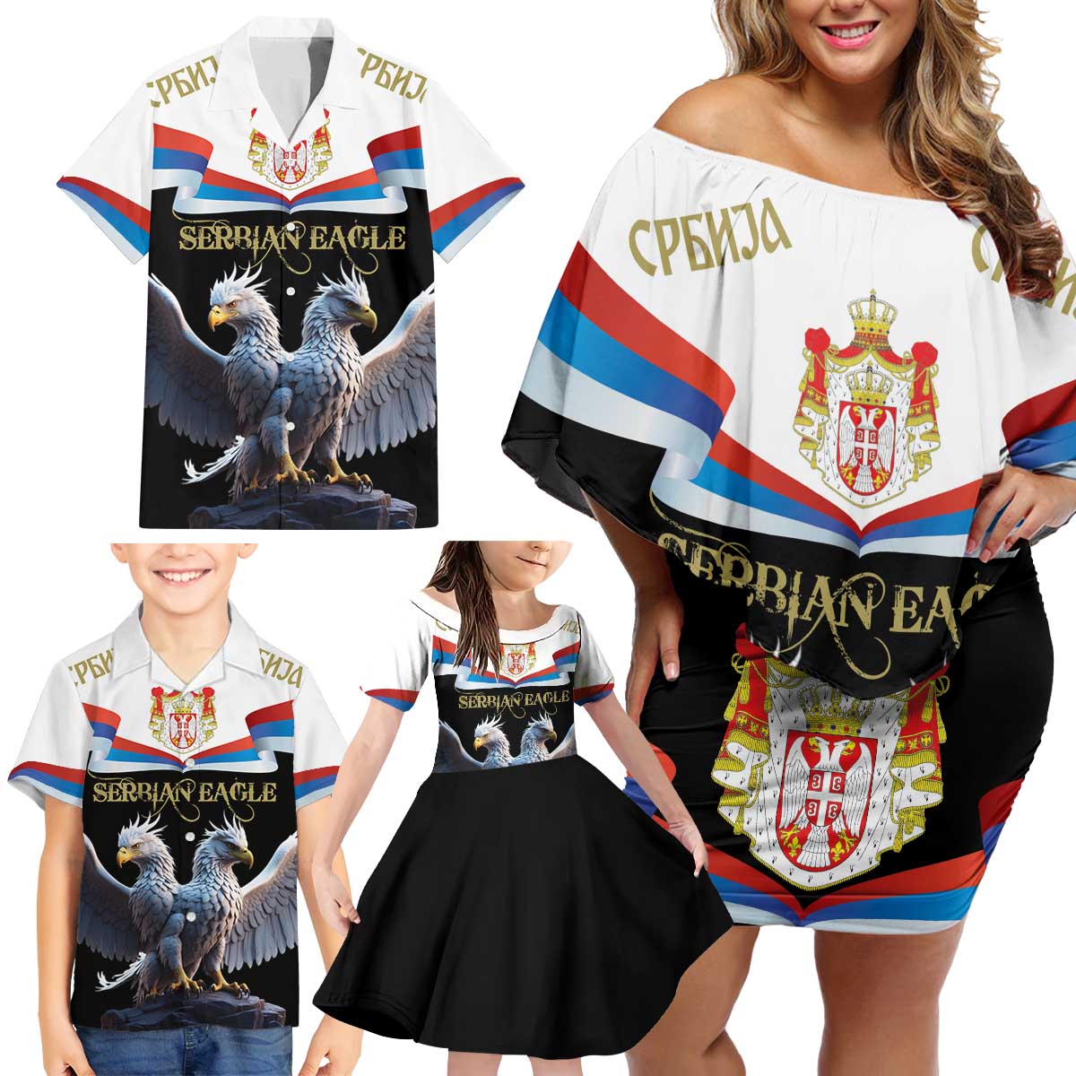 Serbia Silver Double-headed Eagle Family Matching Off Shoulder Short Dress and Hawaiian Shirt LT9 - Wonder Print Shop