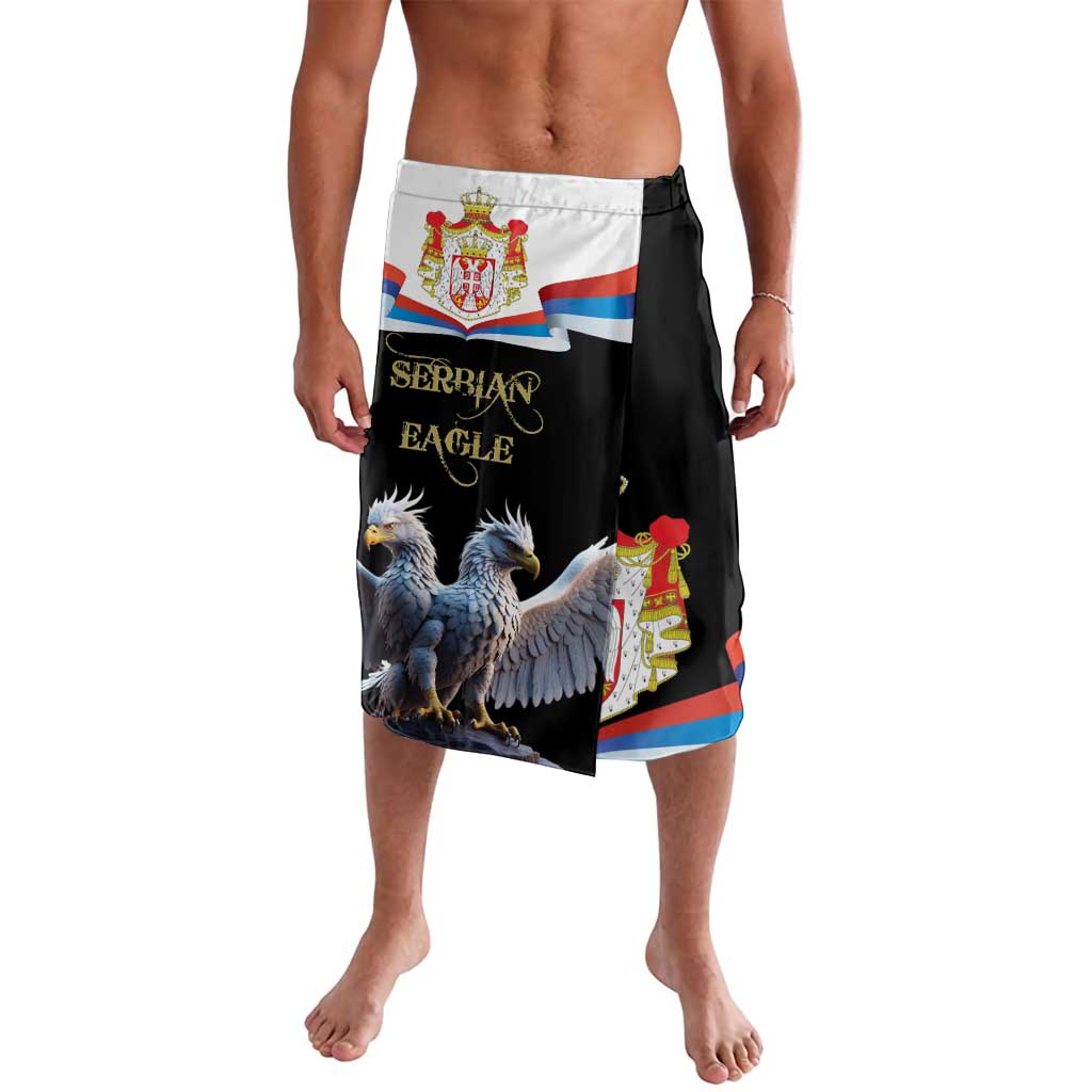 Black lavalava swim shorts with Serbian crest, double-headed eagle, and flag graphics