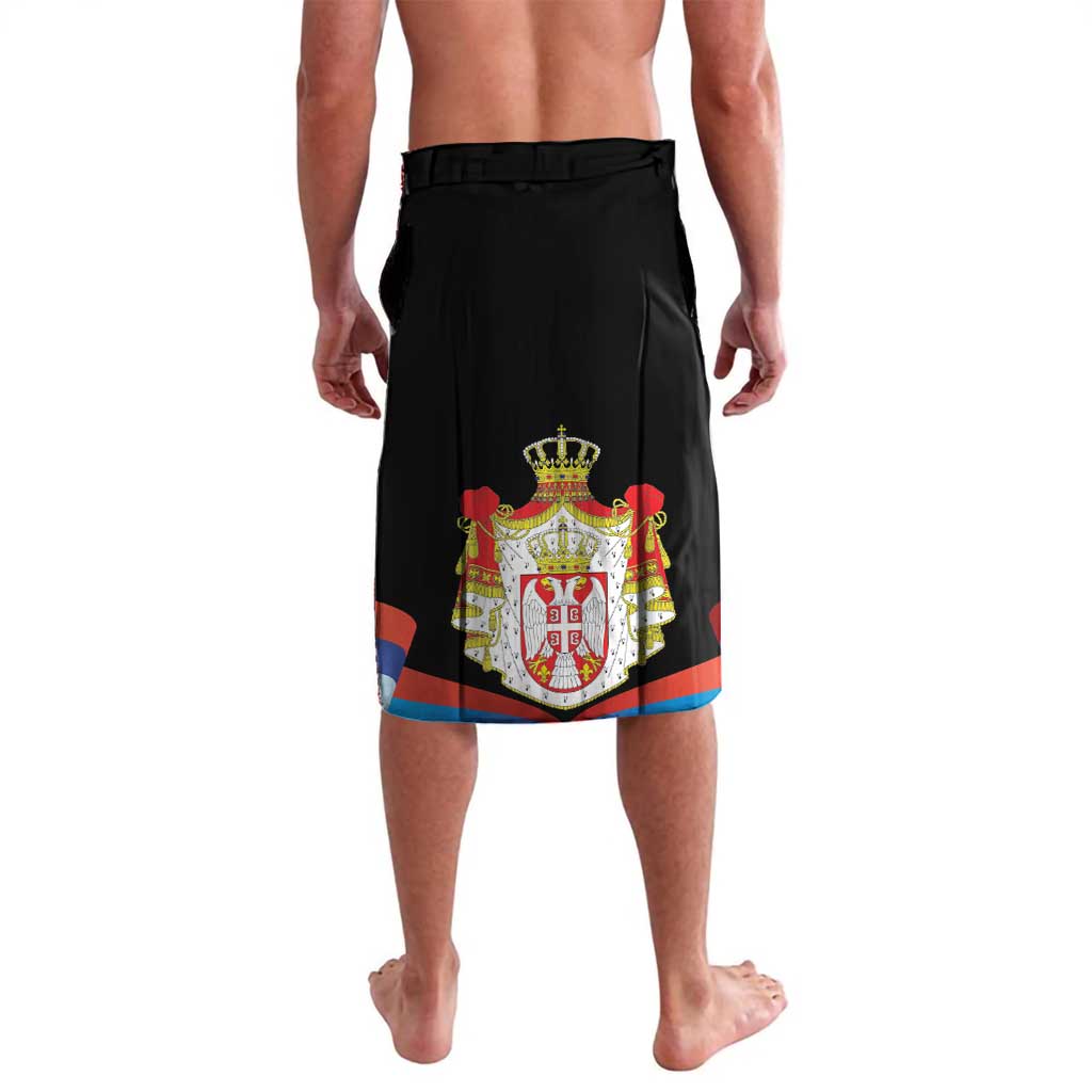 Black lavalava with Serbian shield crest graphic and multicolor flag trim at hem