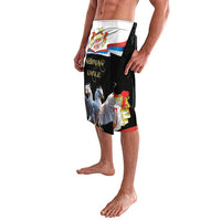 Black lavalava with Serbian crest and double-headed eagle print, side view