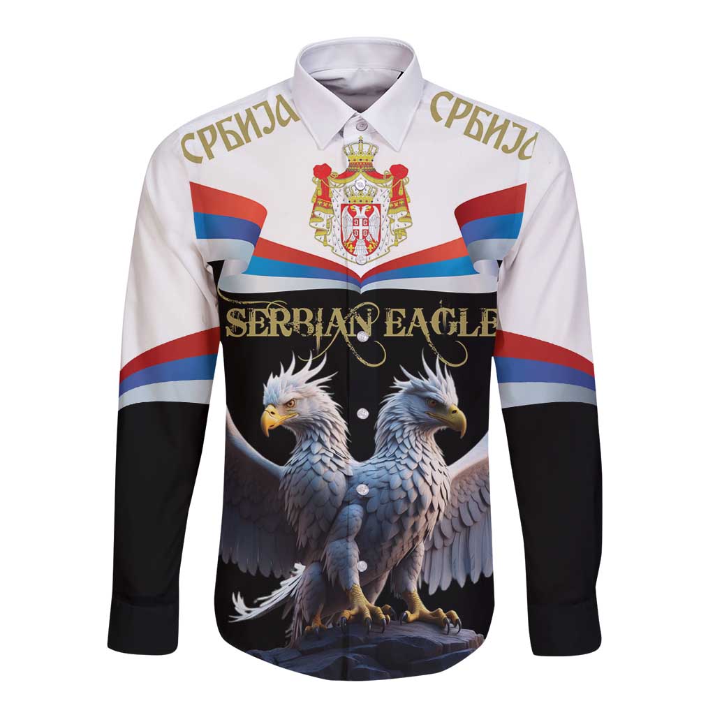 Long sleeve button shirt with front graphic, white body and black sleeves