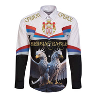 Long sleeve button shirt with front graphic, white body and black sleeves