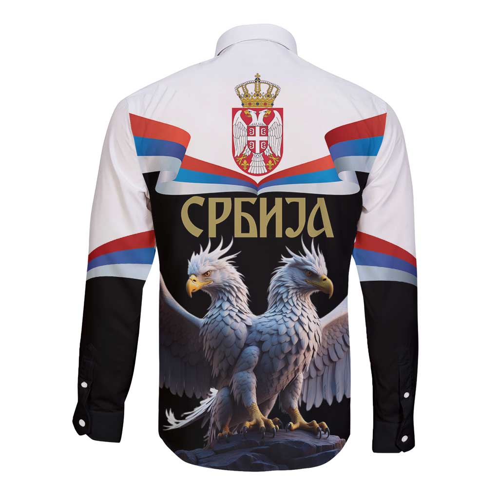 Long sleeve button shirt with back graphic, white body and black sleeves
