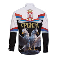 Long sleeve button shirt with back graphic, white body and black sleeves