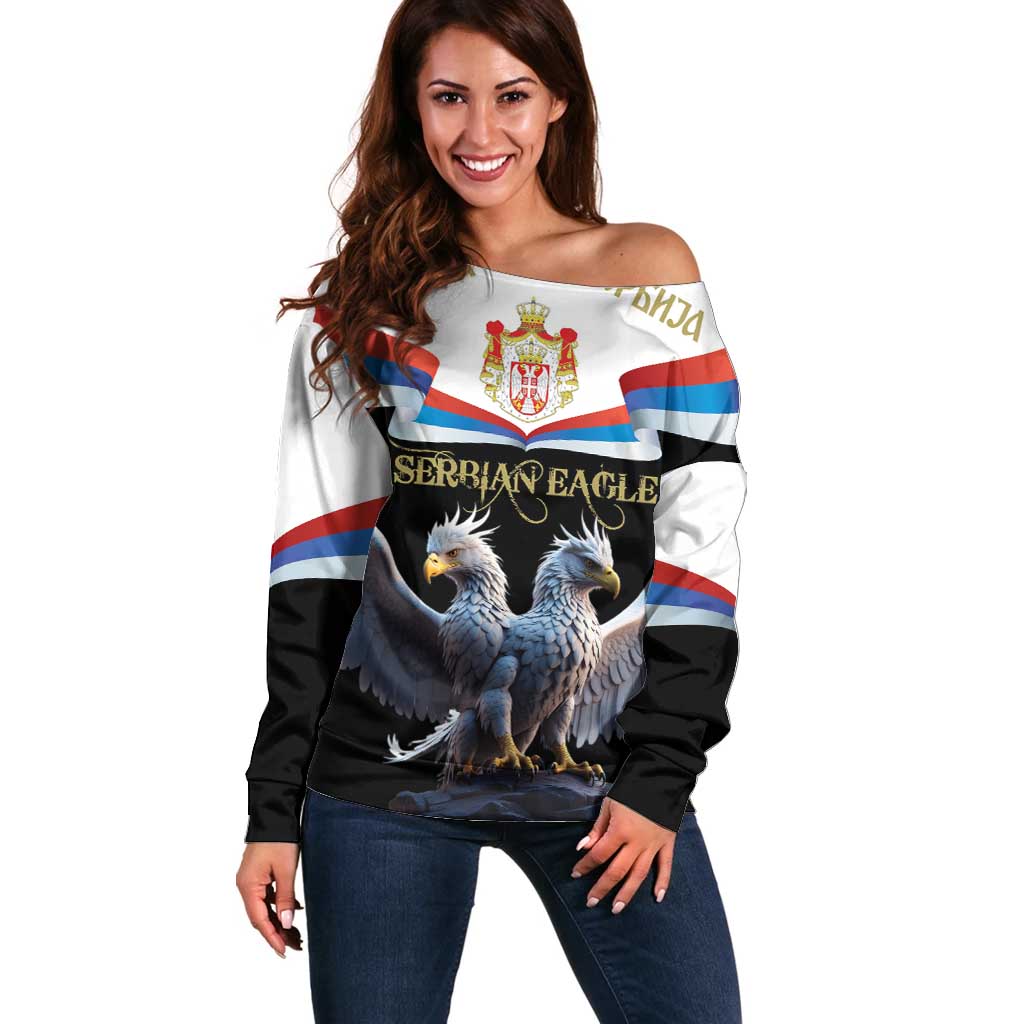 Serbia Silver Double-headed Eagle Off Shoulder Sweater - Wonder Print Shop