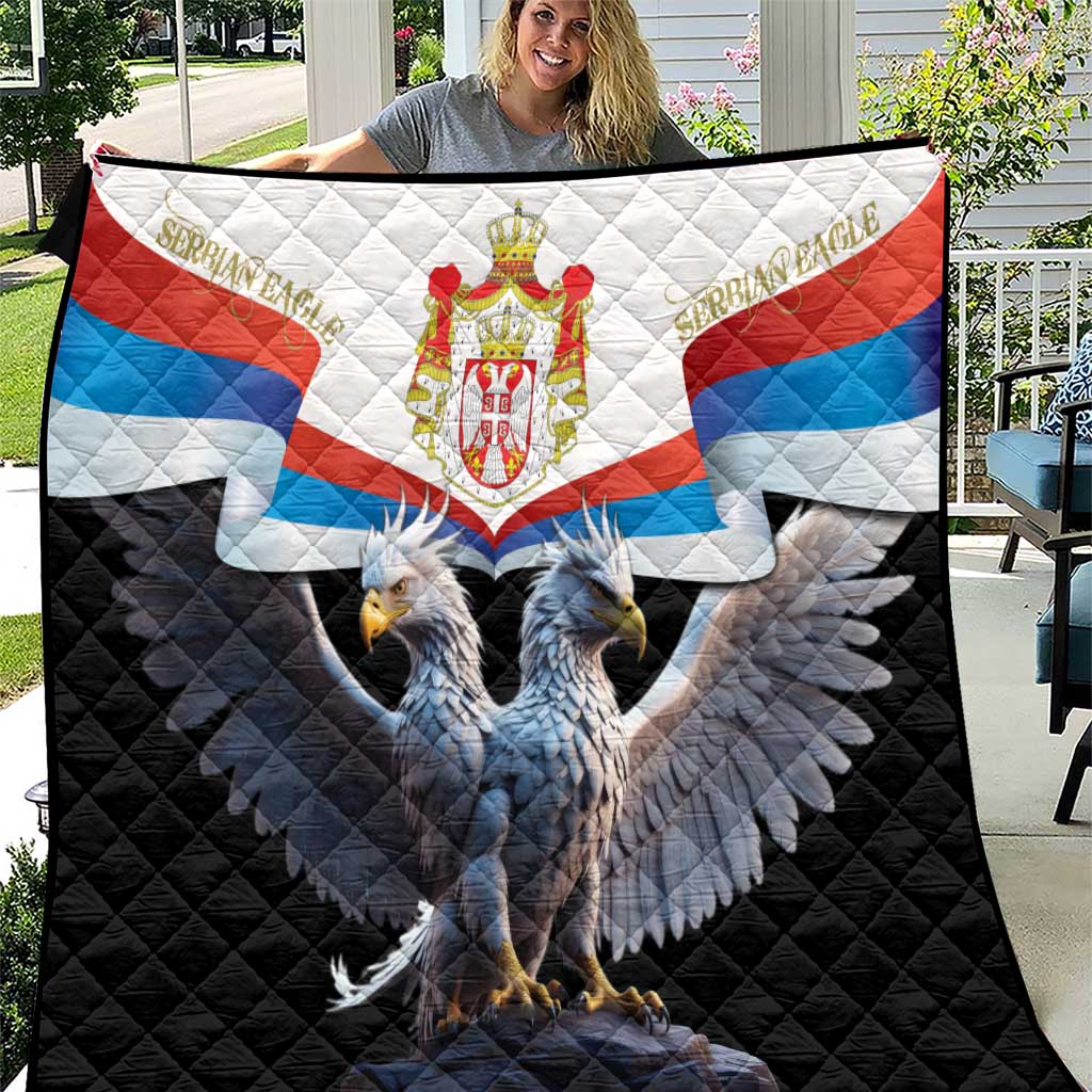 Black quilt with Serbian flag stripes and double-headed eagle crest, quilted diamond pattern.